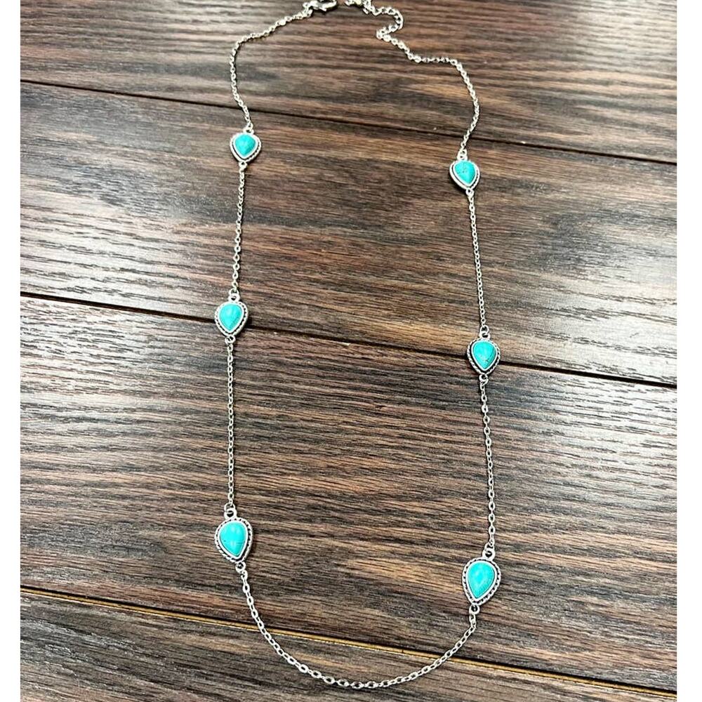 Handmade Drop Turquoise Necklace – Long Cable Chain, Adjustable 32–35"